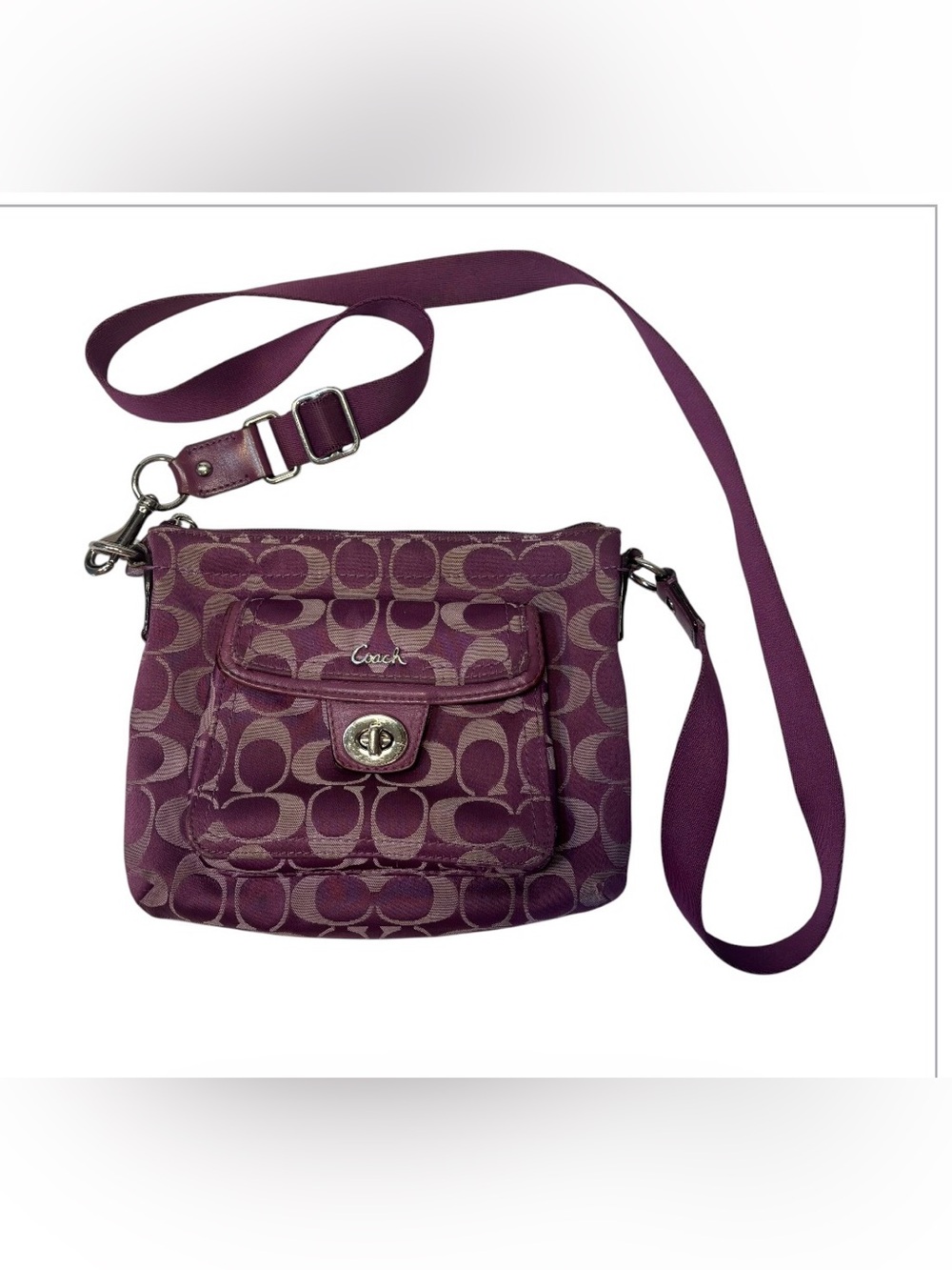 Vintage Coach Purple Signature Canvas Crossbody Bag with Turn Lock Accent
